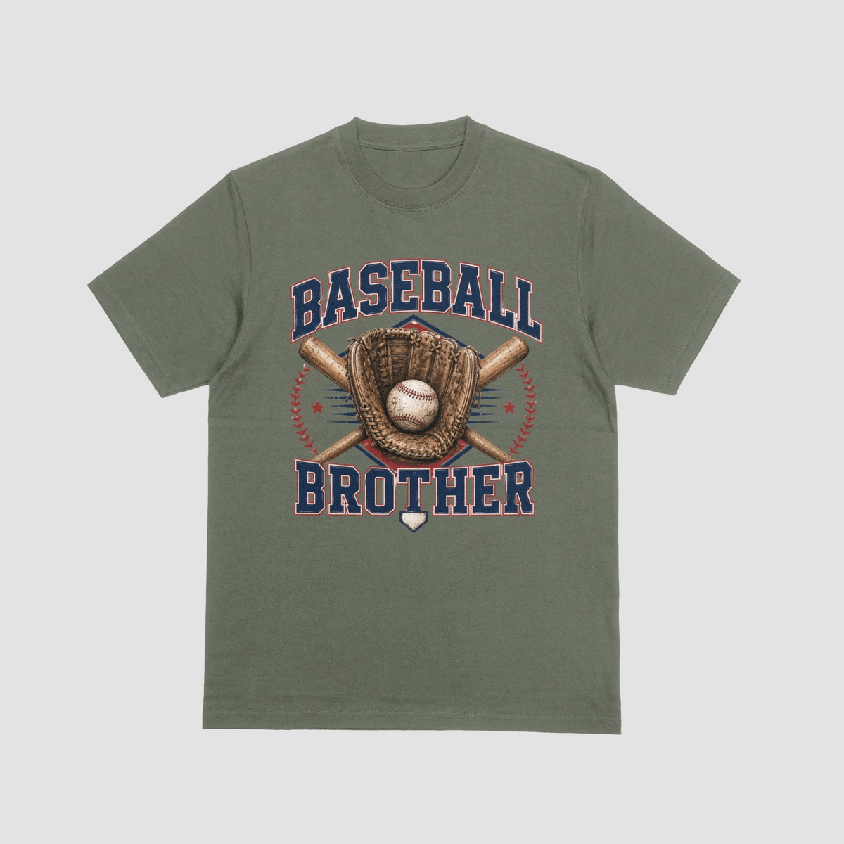A military green short-sleeve t-shirt with a 'Baseball Brother' graphic on the front, featuring a baseball, glove, bat, and crossed bats in navy, red, and brown, displayed on a light gray background.