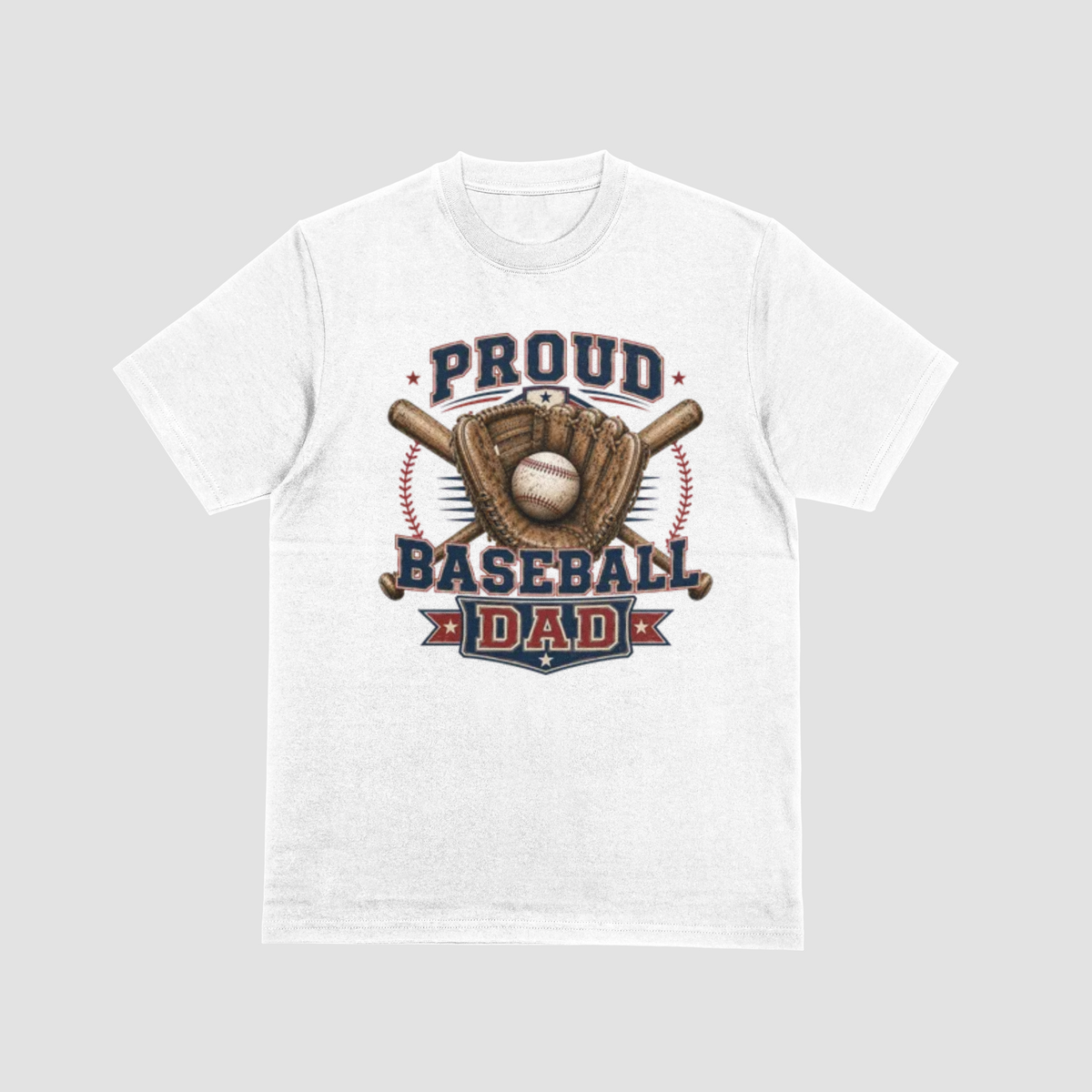 A white short sleeve crewneck Baseball Dad t-shirt featuring a baseball-themed graphic with the words “PROUD BASEBALL DAD,” along with baseball and baseball equipment details.