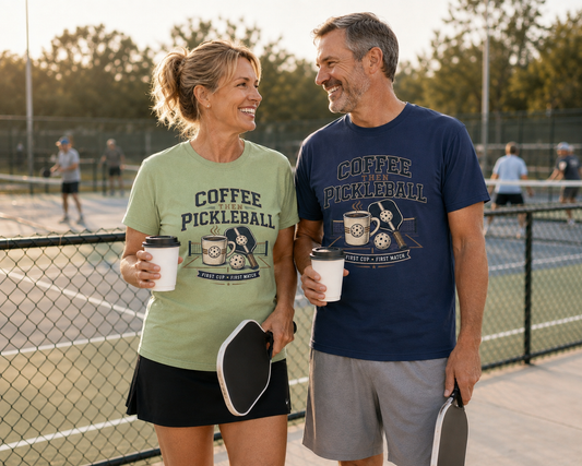 Lifestyle — "Lifestyle photo of Coffee Then Pickleball shirt worn by two pickleball players"