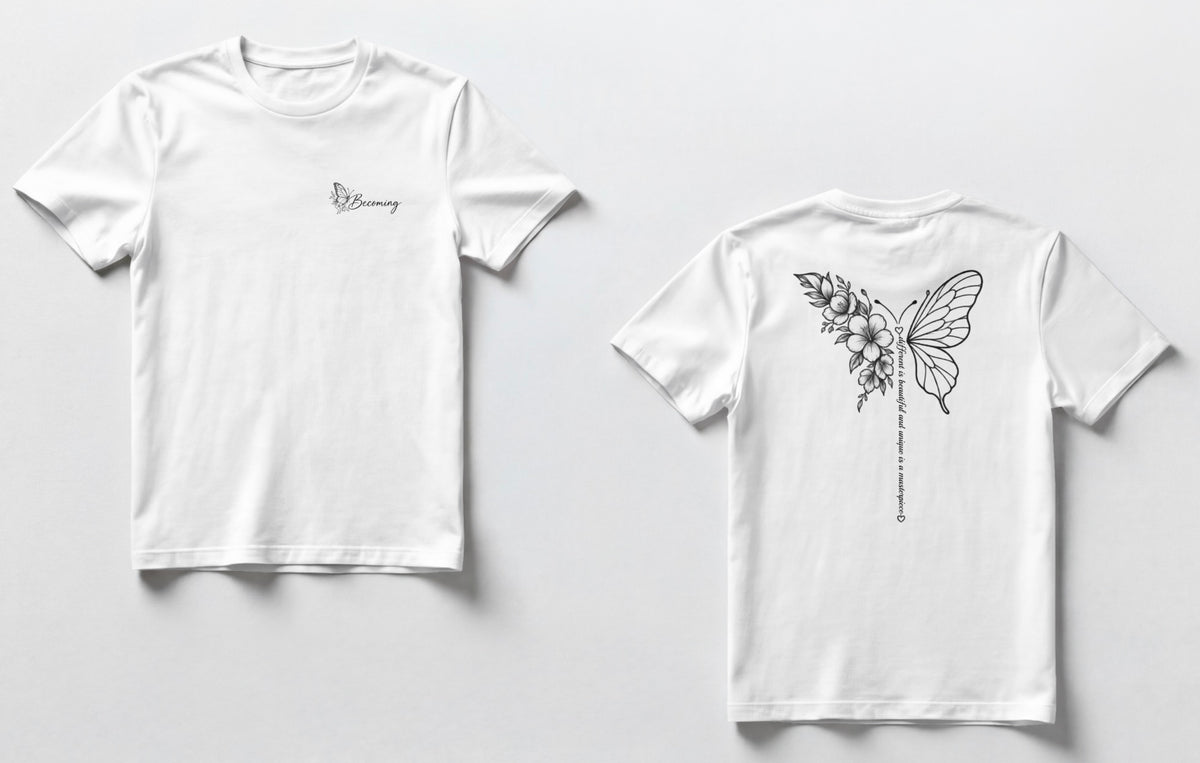 A white t-shirts shown side by side. The front has a small script logo on the chest, and the back has a black line-art butterfly with flowers and a vertical line of small text.”