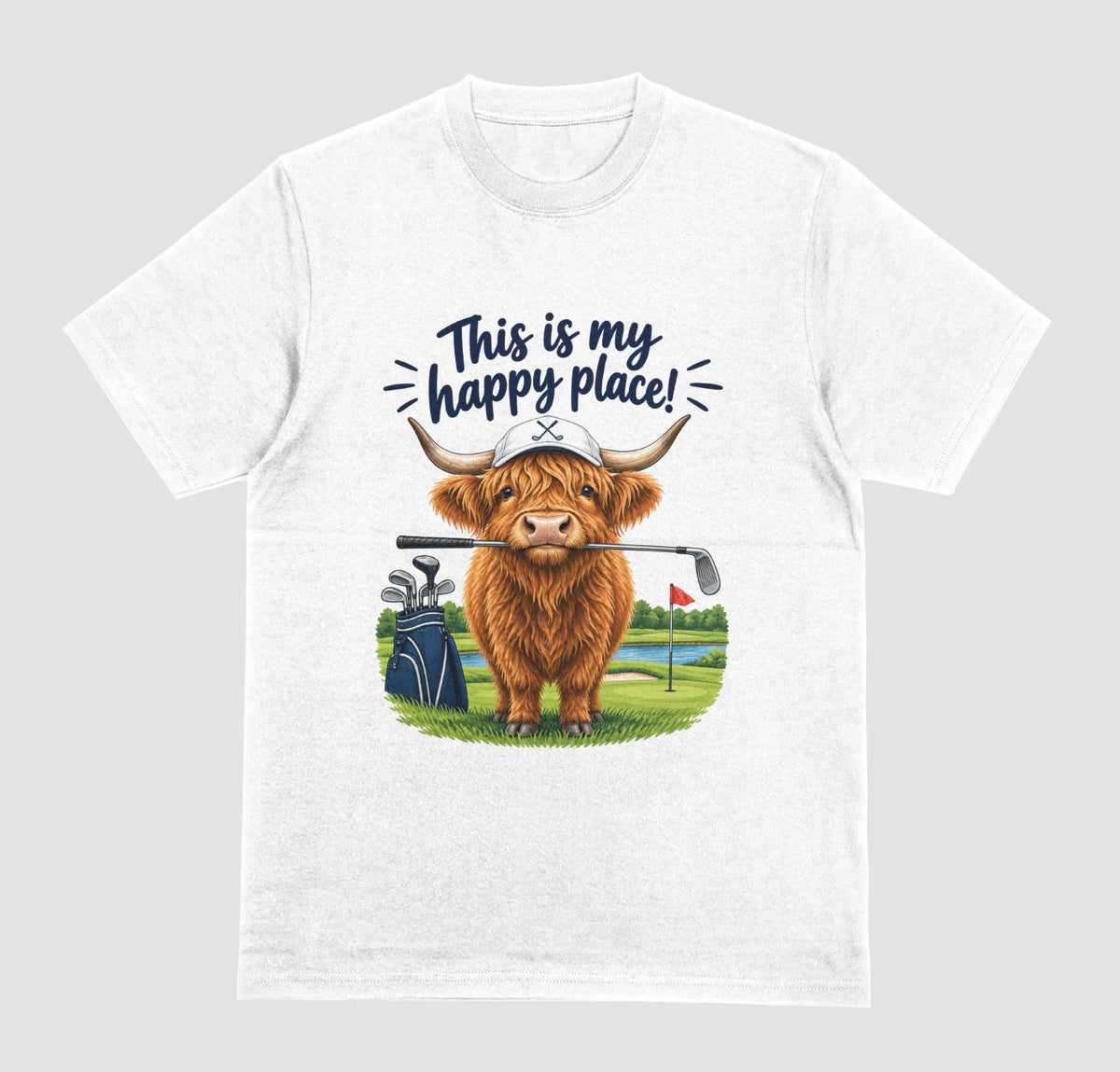 White — "Highland Cow This Is My Happy Place Golf t-shirt in white with cute highland cow on a golf course"