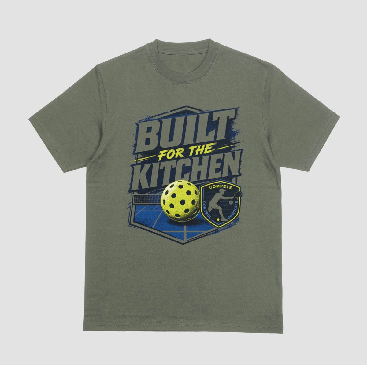 Built for the Kitchen pickleball graphic t-shirt in military green