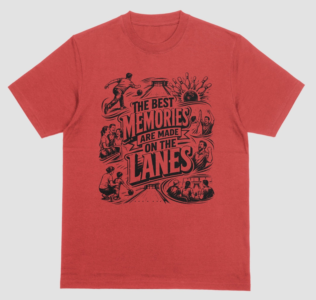 A red crewneck short sleeve t-shirt featuring a fun bowling doodle design The Best Memories Are Made on the Lanes bowling T-shirt | Where We Play Apparel