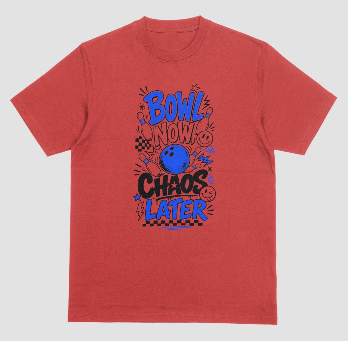 A red short-sleeve crewneck t-shirt featuring a playful bowling doodle design on the front with the text 'BOWL NOW CHAOS LATER' | Where We Play Apparel