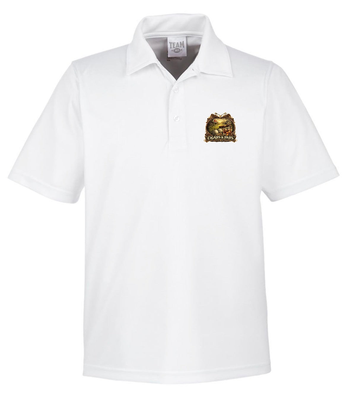 A white performance polo shirt, front view, with a left chest crest-style graphic featuring a golf course scene with a flag and golf ball, framed by decorative crossed clubs, above a banner reading 'Cigars & Pars.'