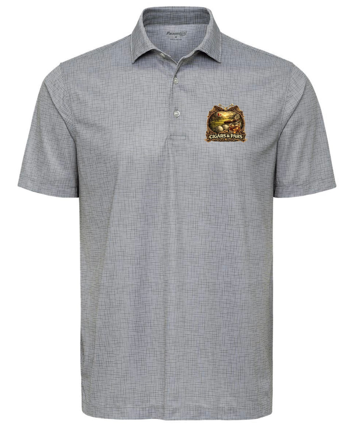 A cool grey crosshatch-patterned Paragon premium polo shirt, front view, with a left chest crest-style graphic featuring a golf course scene with a flag and golf ball, framed by decorative crossed clubs, above a banner reading 'Cigars & Pars.'