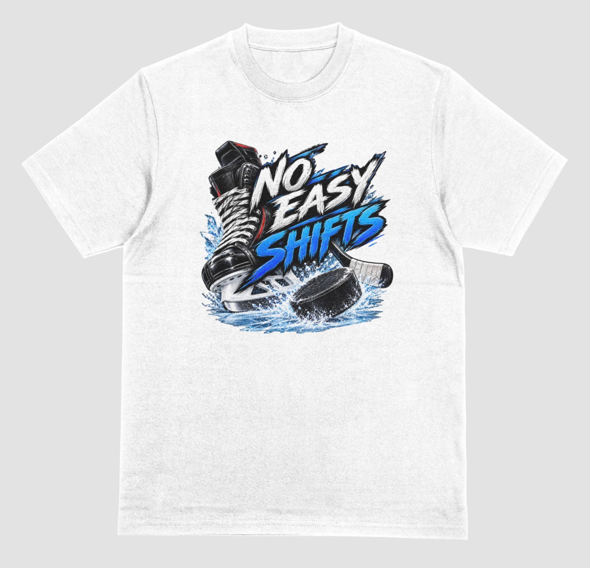 White "No Easy Shifts" hockey t-shirt with skate, stick, and splashing puck graphic