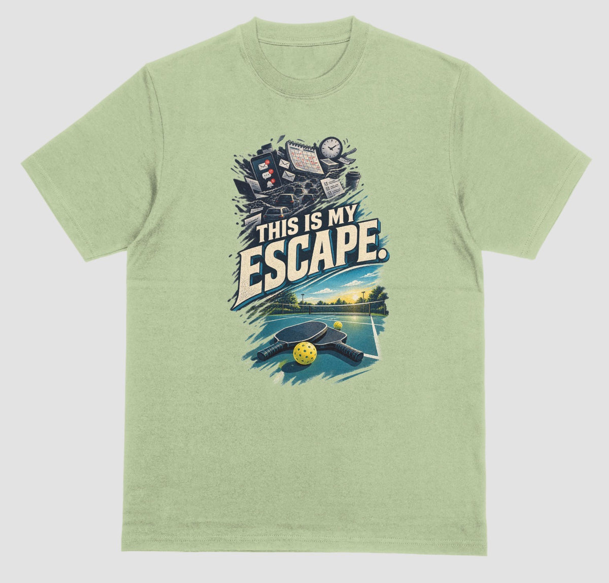 A light green Pickleball lover shirt with a desk and Pickleball Paddle design that says This Is My Escape