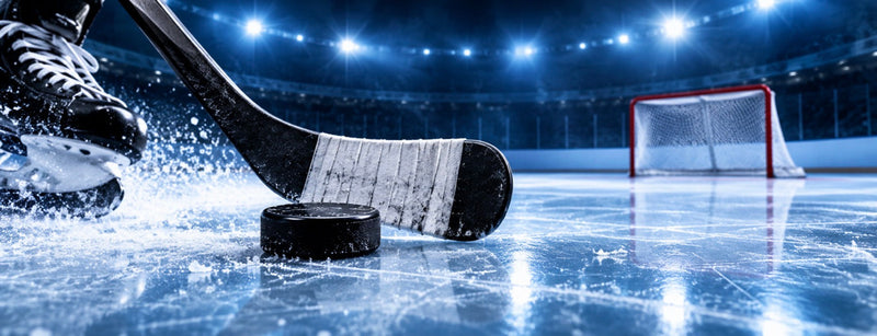 Hockey Collection banner: stick, puck, and skate on arena ice with a red goal net under bright stadium lights.