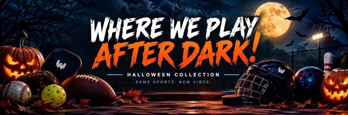Halloween collection banner reading "Where We Play After Dark! Halloween Collection. Same Sports. New Vibes." with glowing jack-o'-lanterns, a full moon, and bats around baseball, pickleball, football, hockey, and bowling gear
