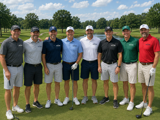 Eight men standing together on a golf course wearing matching polo golf shirts in various colors including gray, white, blue, black, green, and red. They are posing with golf clubs on a green grass field with trees and a pond in the background