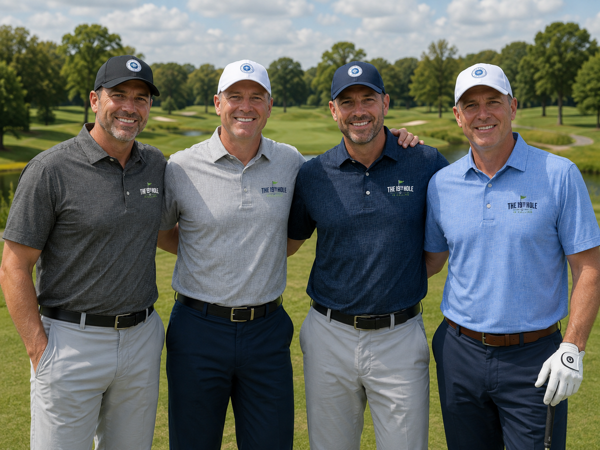 Four men standing together on a golf course wearing short sleeve Premium Golf Performance Polo featuring THE 19th HOLE IS CALLING design from Where We Play Apparel