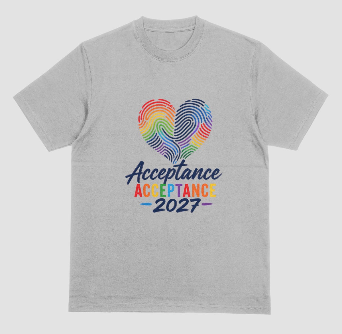 A grey crewneck t-shirt featuring a graphic on the front with a rainbow-striped heart made of fingerprint patterns and the text 'Acceptance 2027' in dark blue and rainbow colors.