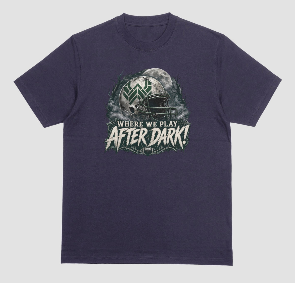 A blackberry t-shirt with a spooky football graphic reading 'Where We Play After Dark!' showing a weathered white helmet with a green 'W' logo in front of a full moon.