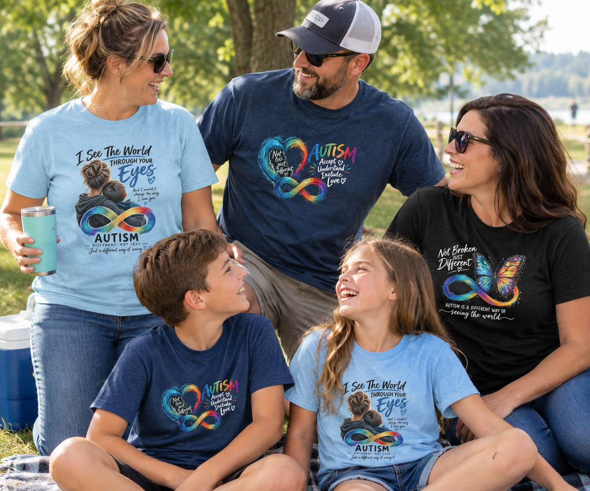 A group of friends all supporting Autism wearing different autism shirts