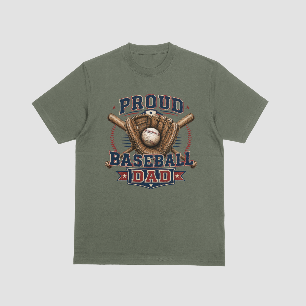 A military green short sleeve crewneck Baseball Dad t-shirt featuring a baseball-themed graphic with the words “PROUD BASEBALL DAD,” along with baseball and baseball equipment details.