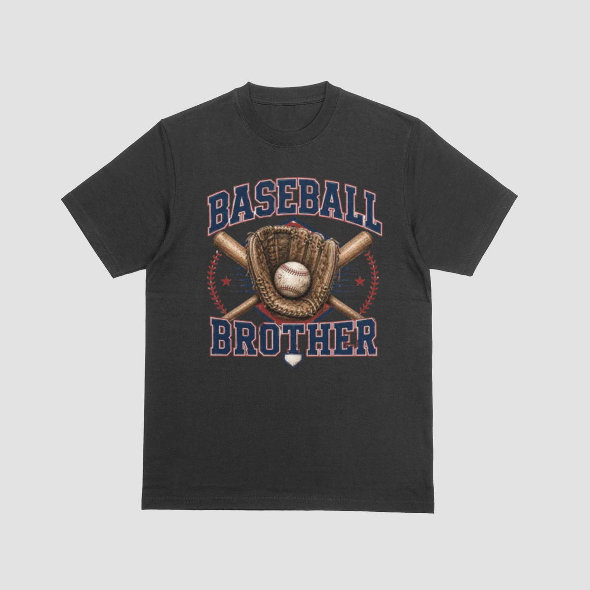A black short-sleeve t-shirt with a 'Baseball Brother' graphic on the front, featuring a baseball, glove, bat, and crossed bats in navy, red, and brown, displayed on a light gray background.