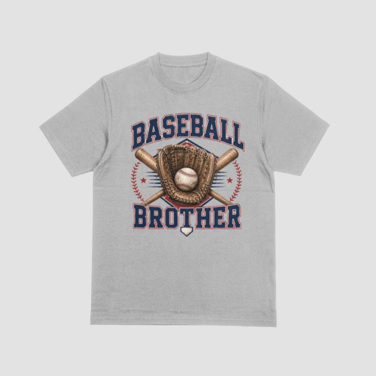 A light gray heather crewneck t-shirt featuring a baseball-themed graphic on the front with the words 'BASEBALL BROTHER' in navy and red, a baseball glove, crossed bats, a baseball, and red stitching details.