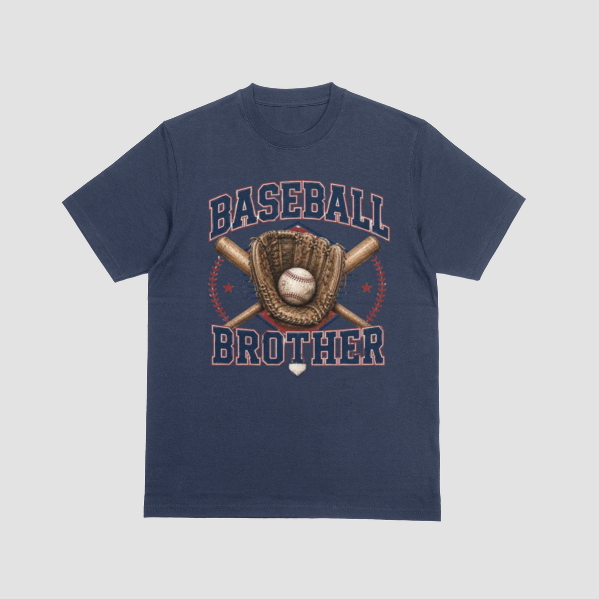 A navy blue short-sleeve t-shirt with a 'Baseball Brother' graphic on the front, featuring a baseball, glove, bat, and crossed bats in navy, red, and brown, displayed on a light gray background.