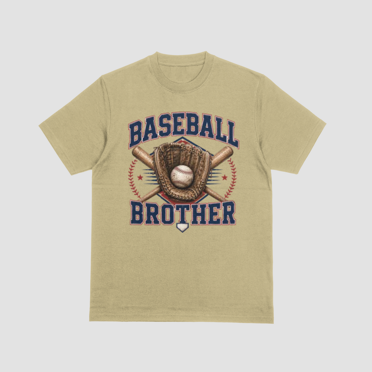 A sand color short-sleeve t-shirt with a 'Baseball Brother' graphic on the front, featuring a baseball, glove, bat, and crossed bats in navy, red, and brown, displayed on a light gray background.