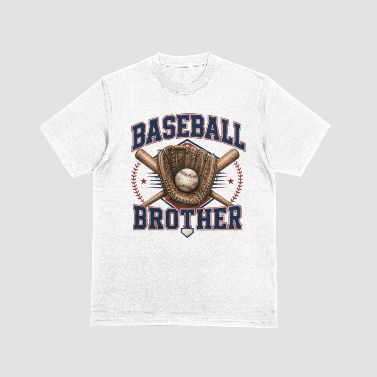 A white short-sleeve t-shirt with a 'Baseball Brother' graphic on the front, featuring a baseball, glove, bat, and crossed bats in navy, red, and brown, displayed on a light gray background.