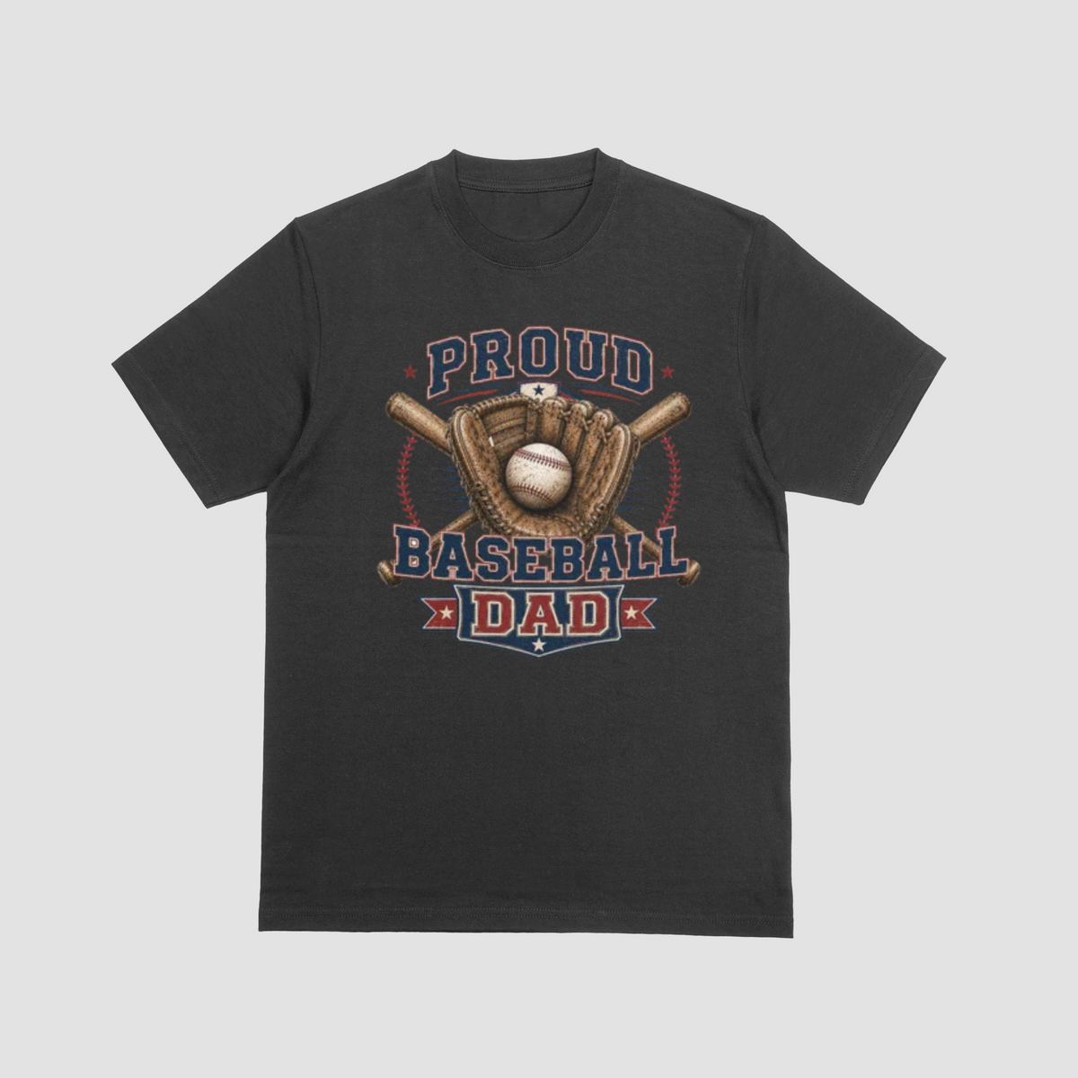 A black short sleeve crewneck Baseball Dad t-shirt featuring a baseball-themed graphic with the words “PROUD BASEBALL DAD,” along with baseball and baseball equipment details.