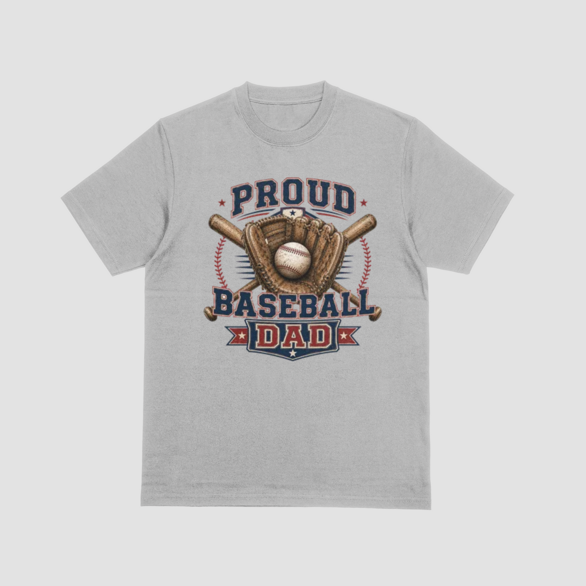 A light grey short sleeve crewneck Baseball Dad t-shirt featuring a baseball-themed graphic with the words “PROUD BASEBALL DAD,” along with baseball and baseball equipment details.