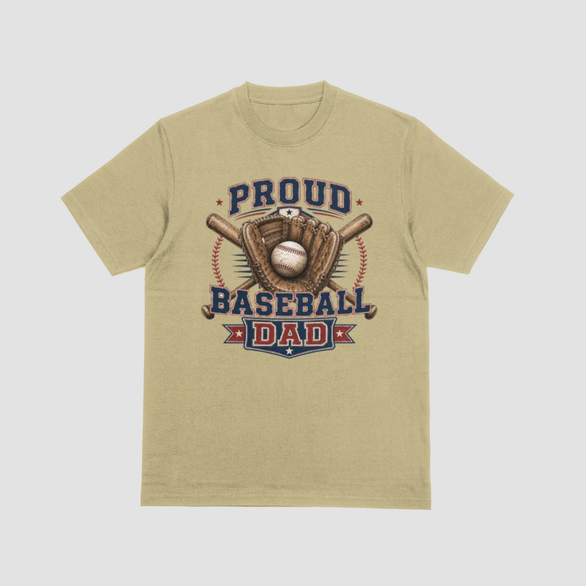 A sand color short sleeve crewneck Baseball Dad t-shirt featuring a baseball-themed graphic with the words “PROUD BASEBALL DAD,” along with baseball and baseball equipment details.