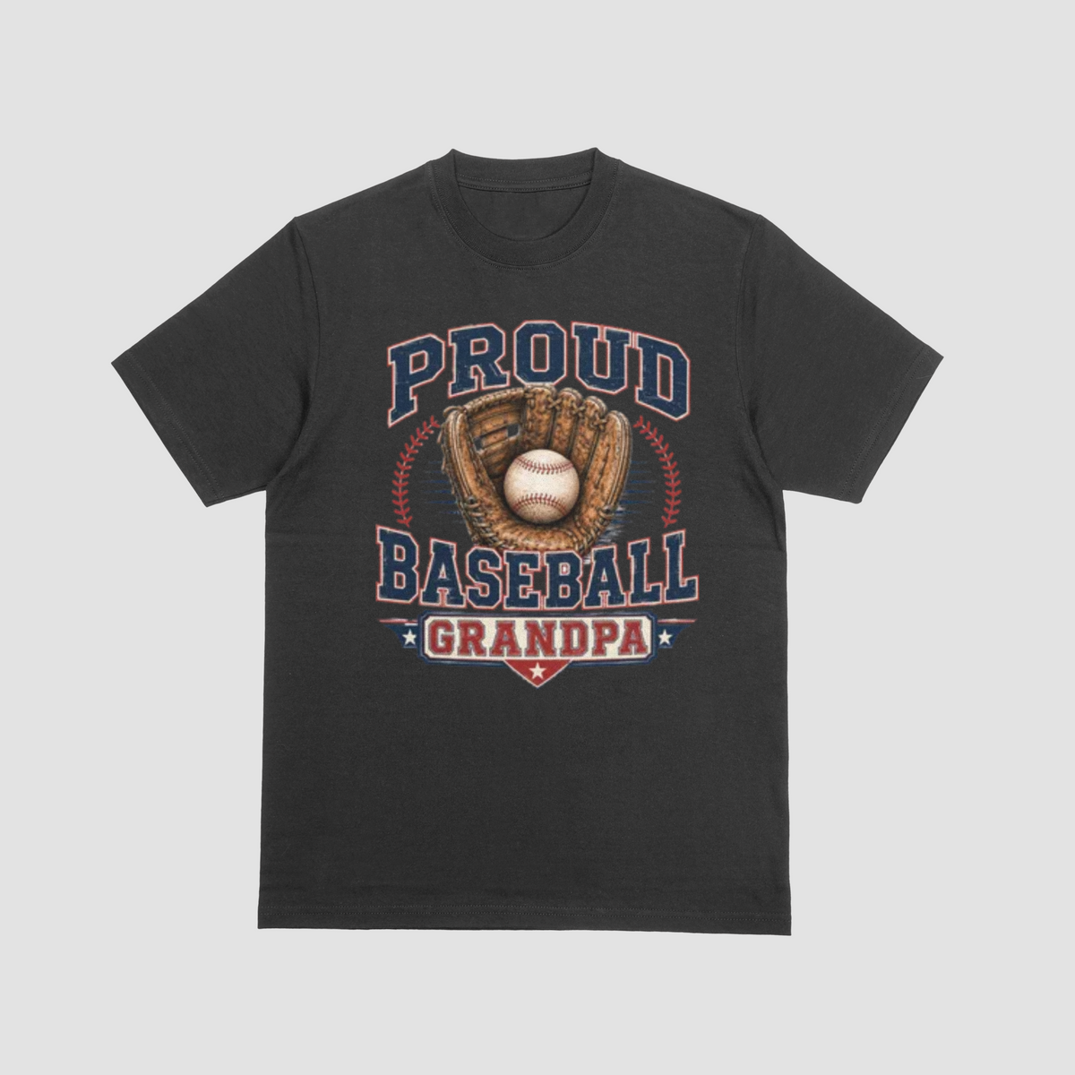 A black short-sleeve crewneck t-shirt featuring a vintage-style baseball graphic on the front. The graphic displays the text 'PROUD BASEBALL GRANDPA' in navy blue and red, surrounding an illustration of a baseball in a brown glove.