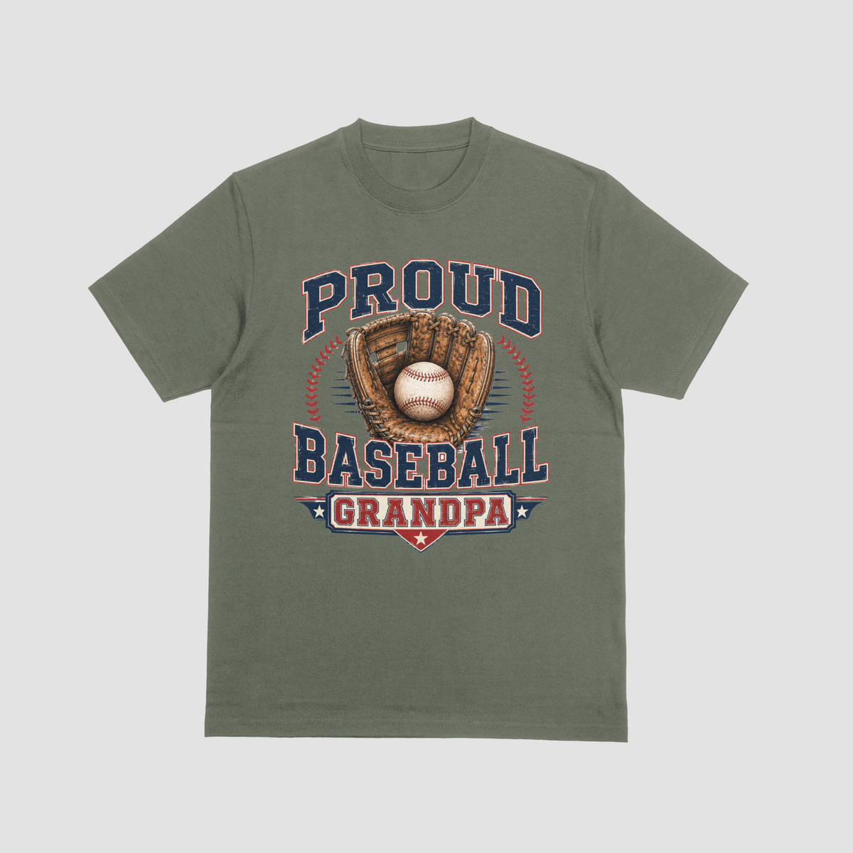 A military green short-sleeve crewneck t-shirt featuring a vintage-style baseball graphic on the front. The graphic displays the text 'PROUD BASEBALL GRANDPA' in navy blue and red, surrounding an illustration of a baseball in a brown glove.