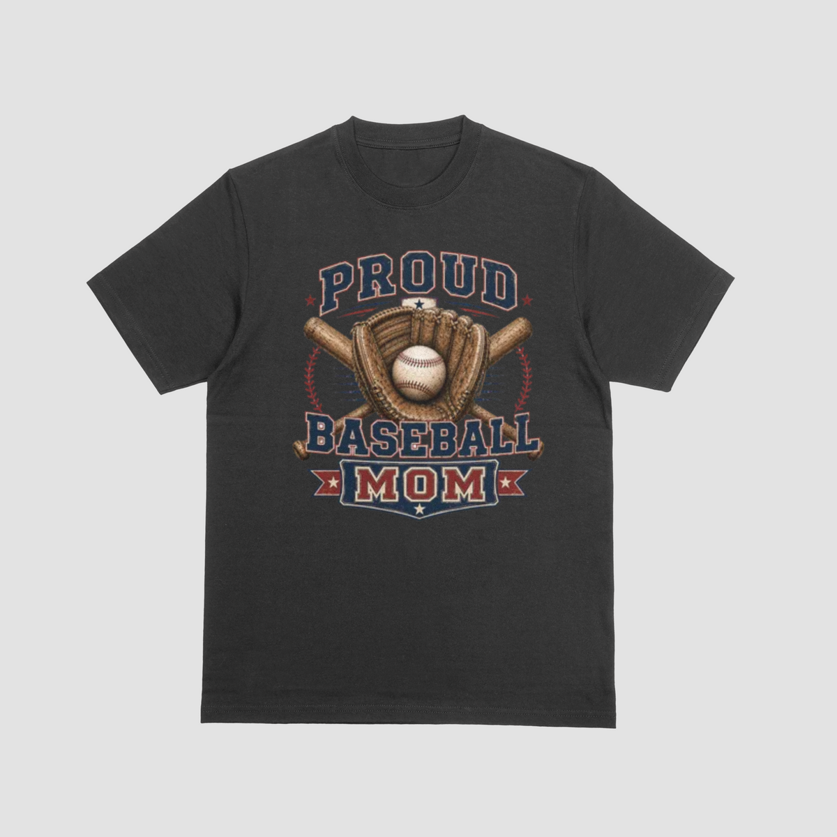A black short-sleeve crewneck t-shirt featuring a vintage-style graphic on the front that reads 'PROUD BASEBALL MOM' with a baseball, glove, and crossed bats.