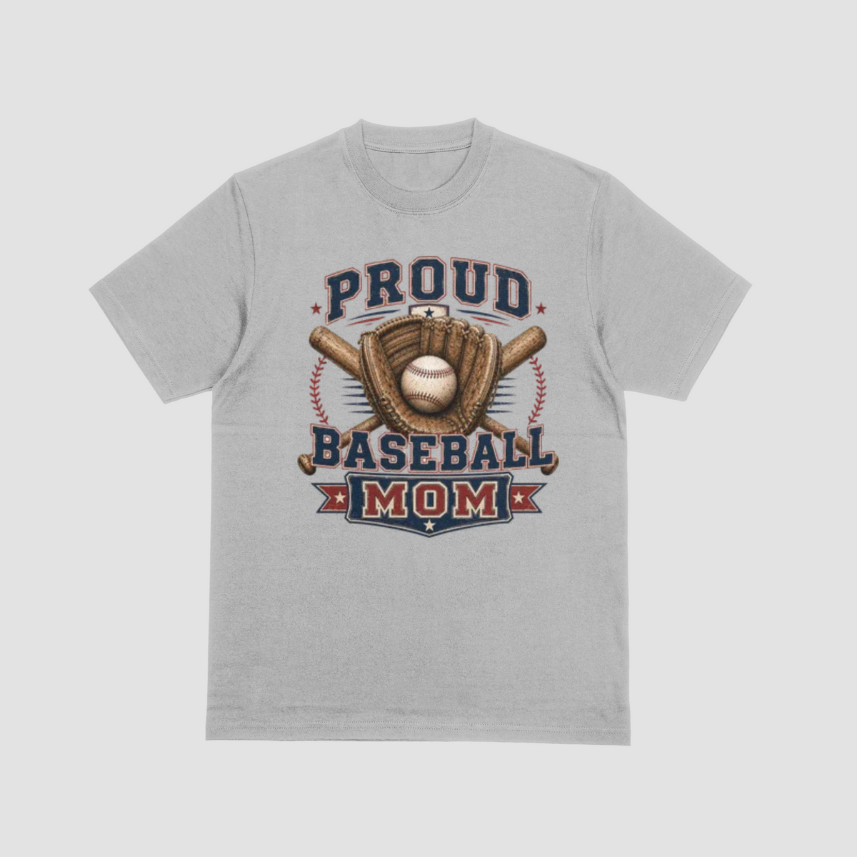 A light gray short-sleeve crewneck t-shirt featuring a vintage-style graphic on the front that reads 'PROUD BASEBALL MOM' with a baseball, glove, and crossed bats.