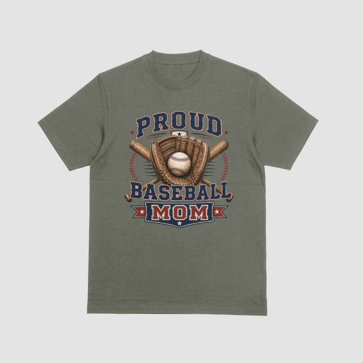 A military green short-sleeve crewneck t-shirt featuring a vintage-style graphic on the front that reads 'PROUD BASEBALL MOM' with a baseball, glove, and crossed bats.