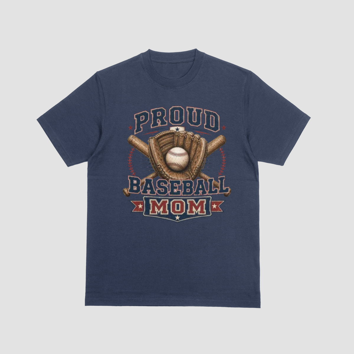 A navy blue short-sleeve crewneck t-shirt featuring a vintage-style graphic on the front that reads 'PROUD BASEBALL MOM' with a baseball, glove, and crossed bats.