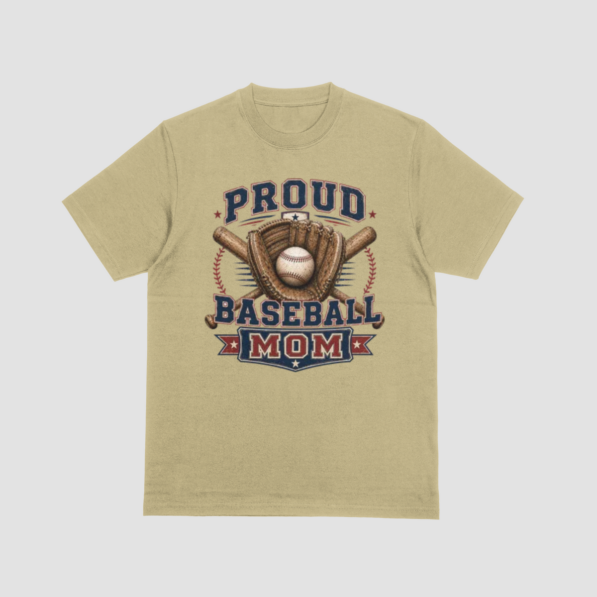 A sand color short-sleeve crewneck t-shirt featuring a vintage-style graphic on the front that reads 'PROUD BASEBALL MOM' with a baseball, glove, and crossed bats.