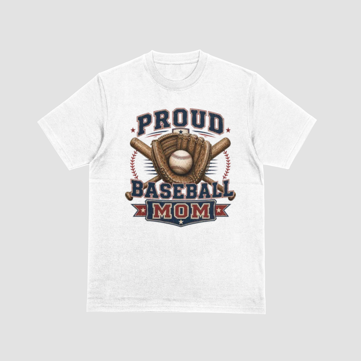 A white short-sleeve crewneck t-shirt featuring a vintage-style graphic on the front that reads 'PROUD BASEBALL MOM' with a baseball, glove, and crossed bats.