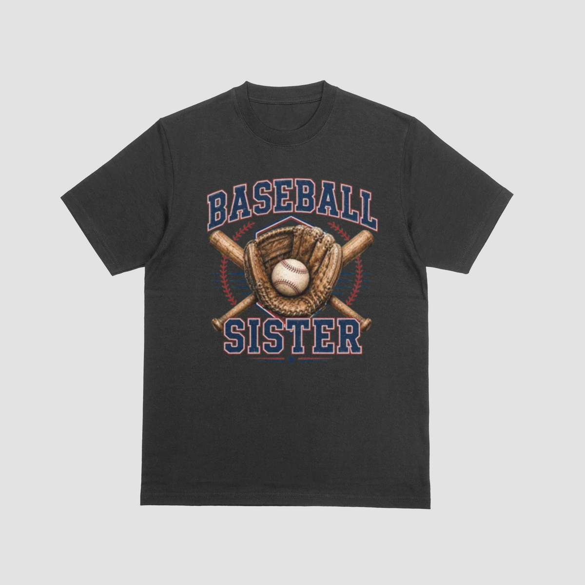 A black short-sleeve crewneck t-shirt featuring a 'Baseball Sister' graphic on the front. The graphic includes navy blue text, a brown baseball glove, a baseball, and crossed bats, set against a light gray background.