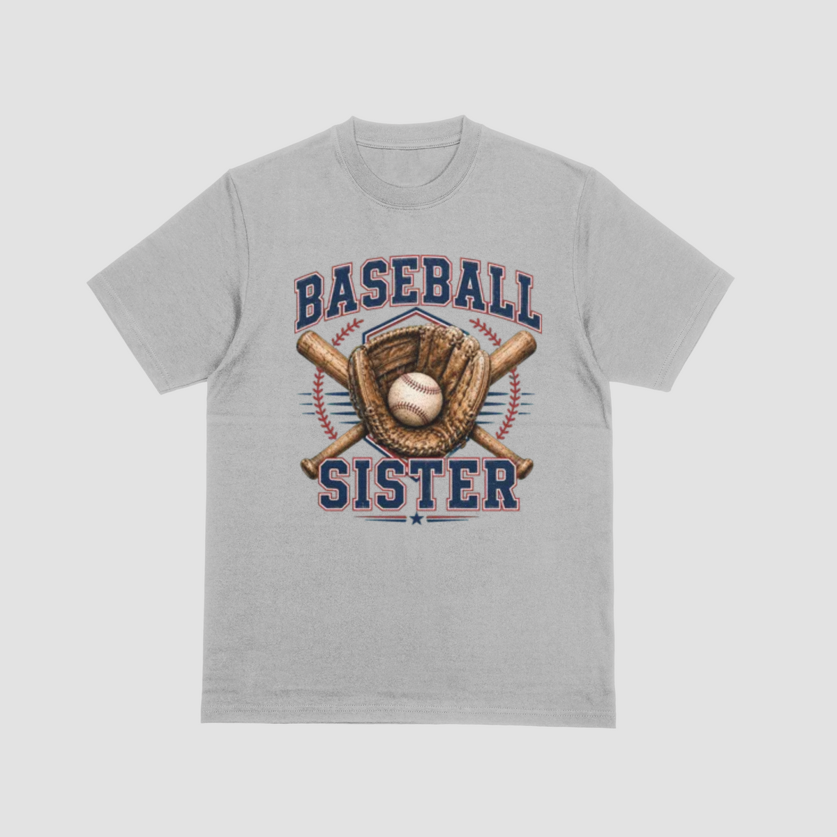 A light grey short-sleeve crewneck t-shirt featuring a 'Baseball Sister' graphic on the front. The graphic includes navy blue text, a brown baseball glove, a baseball, and crossed bats, set against a light gray background.
