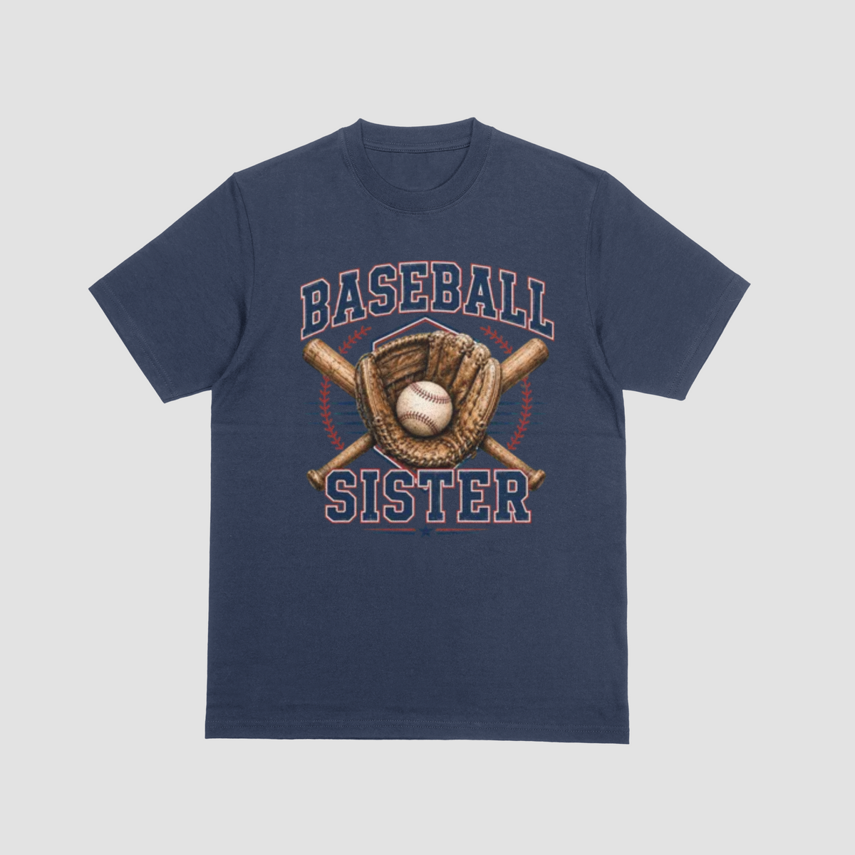 A navy blue short-sleeve crewneck t-shirt featuring a 'Baseball Sister' graphic on the front. The graphic includes navy blue text, a brown baseball glove, a baseball, and crossed bats, set against a light gray background.