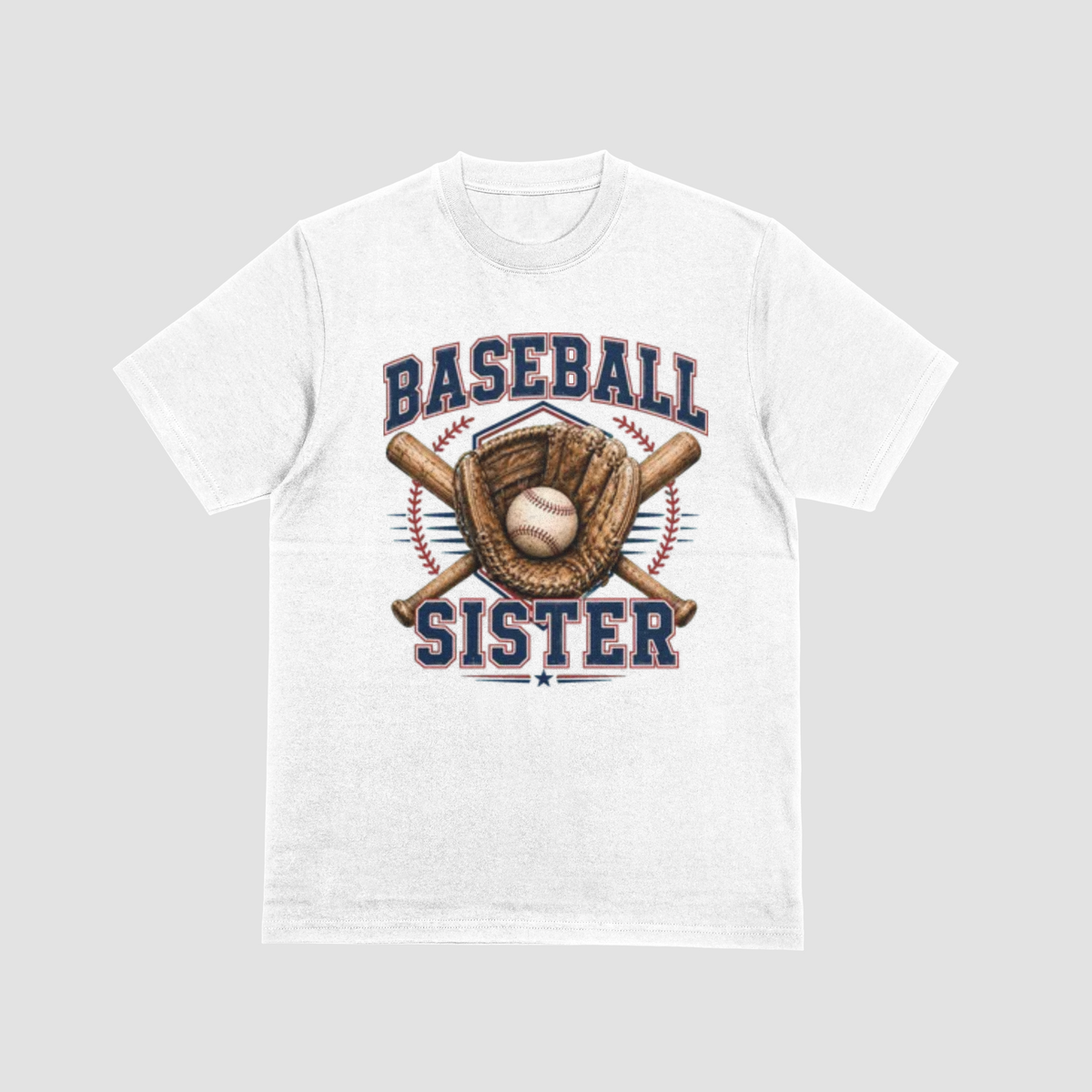 A white short-sleeve crewneck t-shirt featuring a 'Baseball Sister' graphic on the front. The graphic includes navy blue text, a brown baseball glove, a baseball, and crossed bats, set against a light gray background.