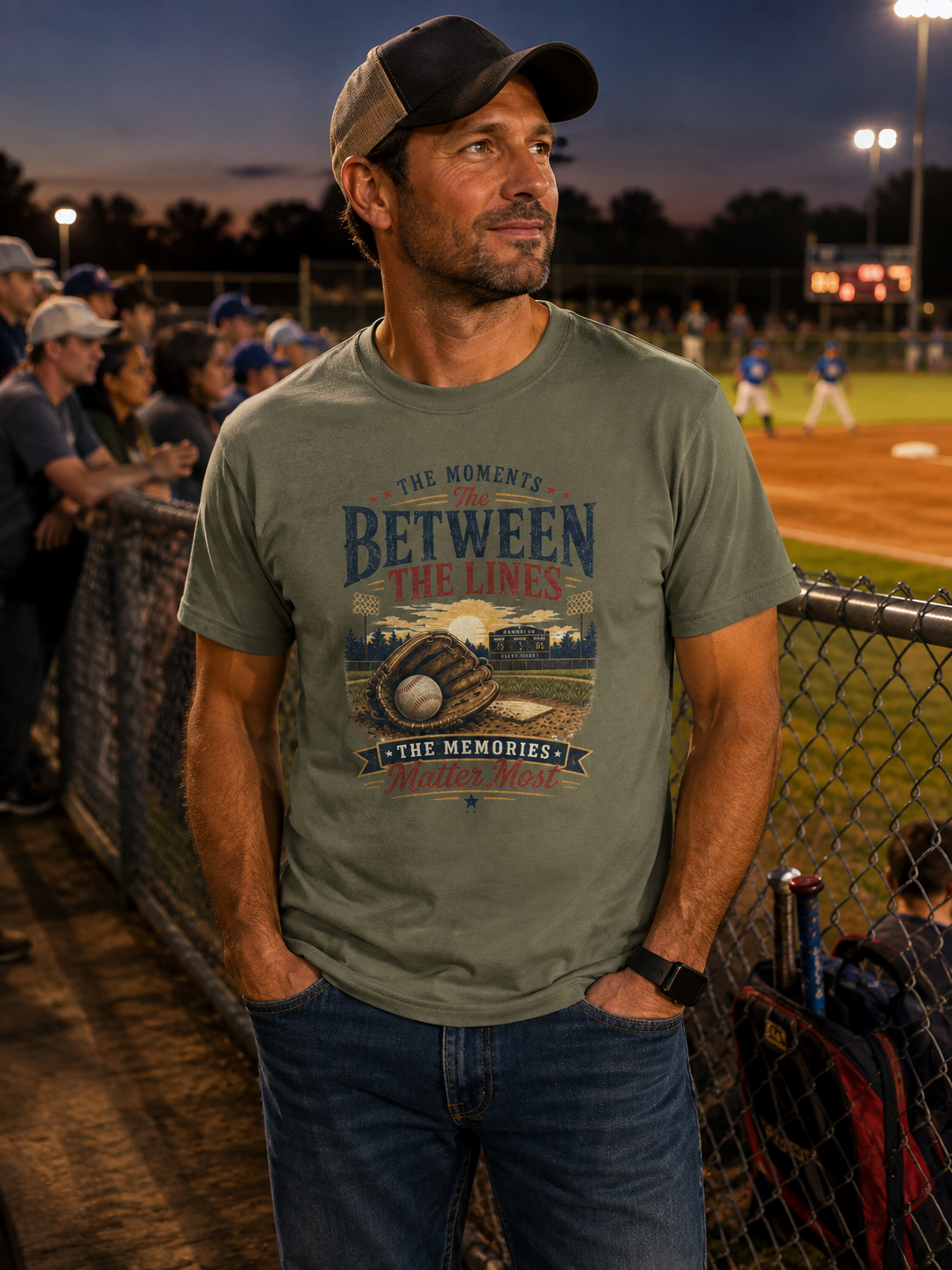 A man wearing an military green short-sleeve t-shirt featuring a baseball-themed graphic with a baseball, glove, and field, and the text “THE MOMENTS BETWEEN THE LINES & THE MEMORIES”, standing at a chain-link fence at a baseball field at dusk.