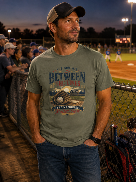 A man wearing an military green short-sleeve t-shirt featuring a baseball-themed graphic with a baseball, glove, and field, and the text “THE MOMENTS BETWEEN THE LINES & THE MEMORIES”, standing at a chain-link fence at a baseball field at dusk.