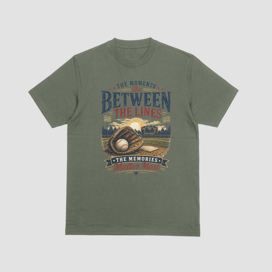 A military green short-sleeve t-shirt featuring a baseball-themed graphic with a baseball, glove, and field, and the text “THE MOMENTS BETWEEN THE LINES & THE MEMORIES.”