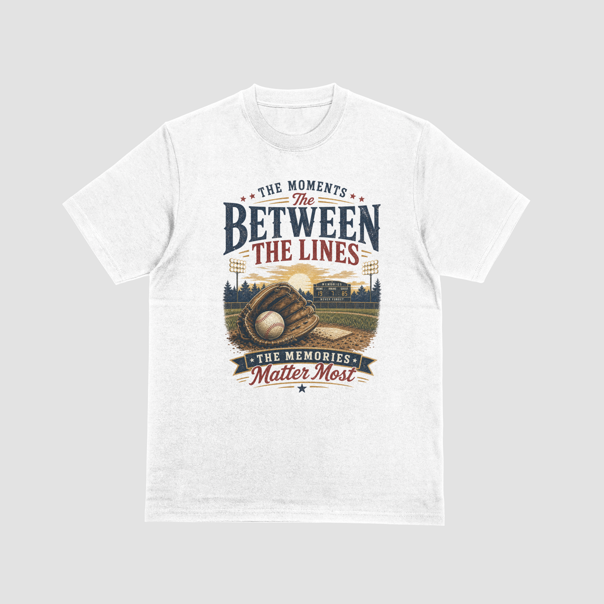 A white short-sleeve t-shirt featuring a baseball-themed graphic with a baseball, glove, and field, and the text “THE MOMENTS BETWEEN THE LINES & THE MEMORIES.”