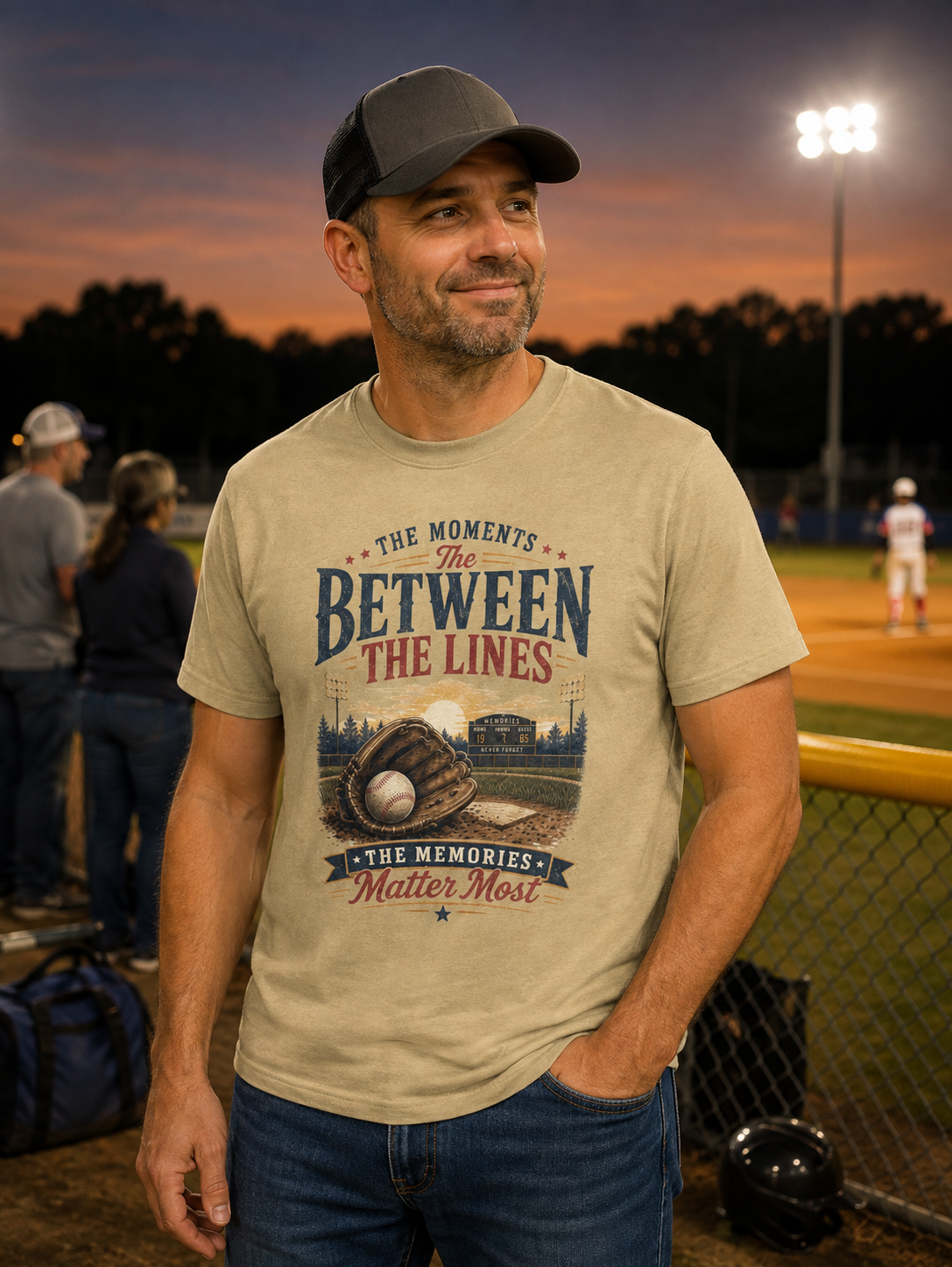 A man wearing a sand color short-sleeve t-shirt featuring a baseball-themed graphic with a baseball, glove, and field, and the text “THE MOMENTS BETWEEN THE LINES & THE MEMORIES.”