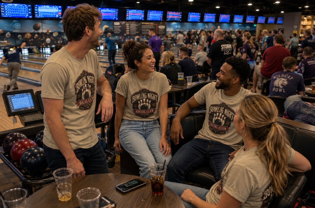 Four people wearing matching beige 'Bowling Night Social Club' t-shirts gathered in a bowling alley, laughing and talking on a table with drinks and bowling balls nearby.