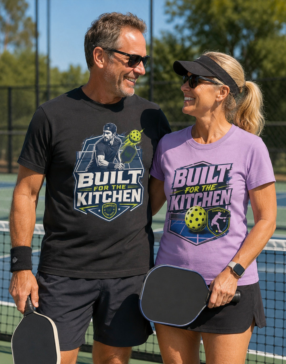 Pickleball players wearing the Built for the Kitchen graphic t-shirt on an outdoor pickleball court