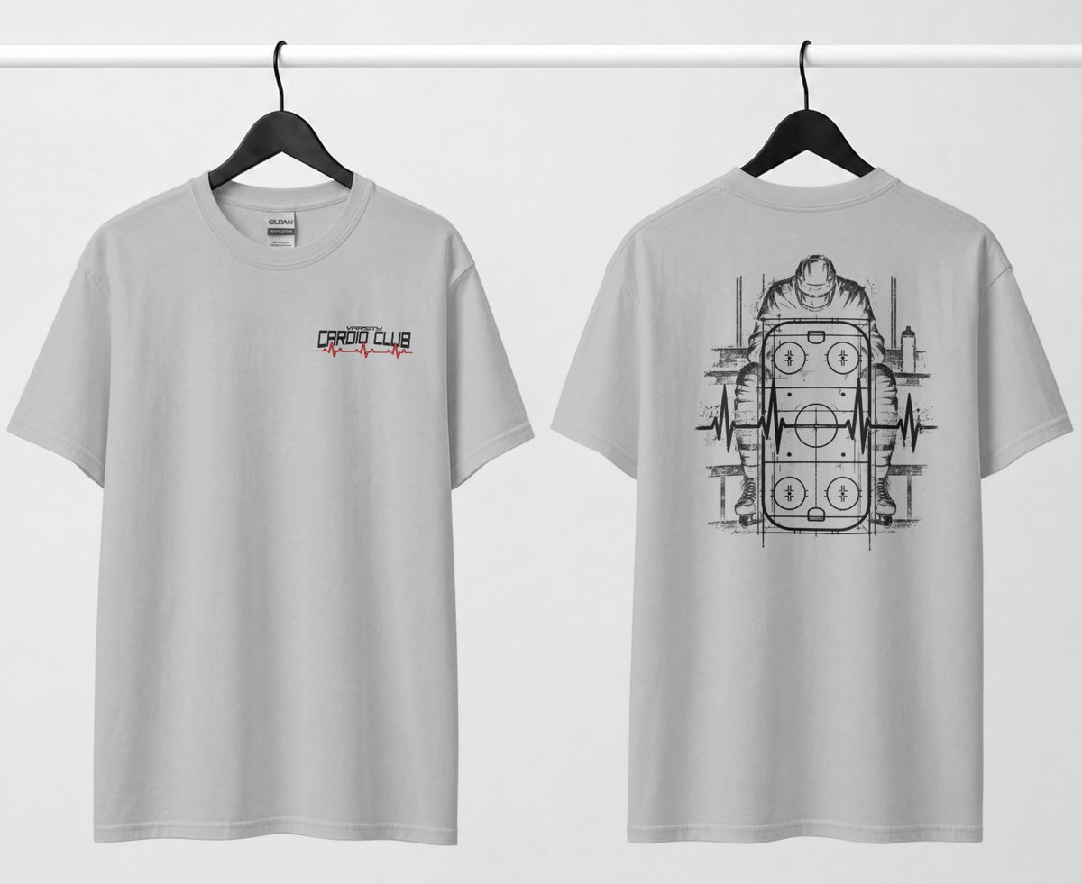 A grey tee, front and back: small 'Varsity Cardio Club' chest logo, hockey player on bench over a rink and heartbeat line on back.