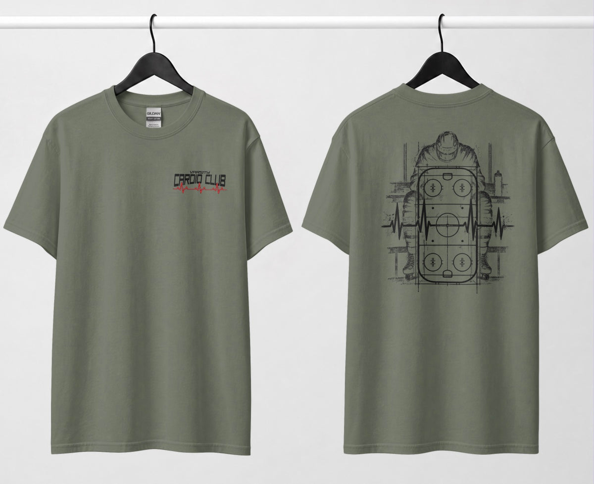 A military green tee, front and back: small 'Varsity Cardio Club' chest logo, hockey player on bench over a rink and heartbeat line on back.