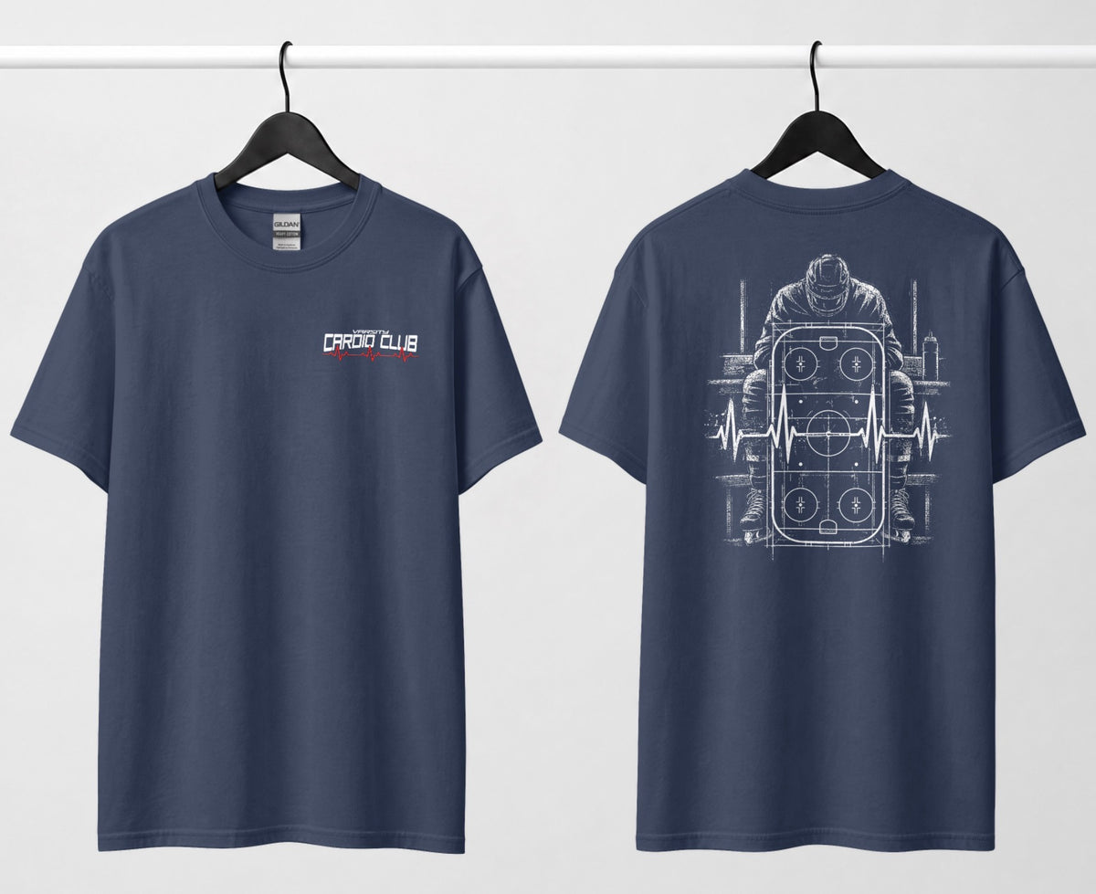 Navy tee, front and back: small 'Varsity Cardio Club' chest logo, hockey player on bench over a rink and heartbeat line on back.